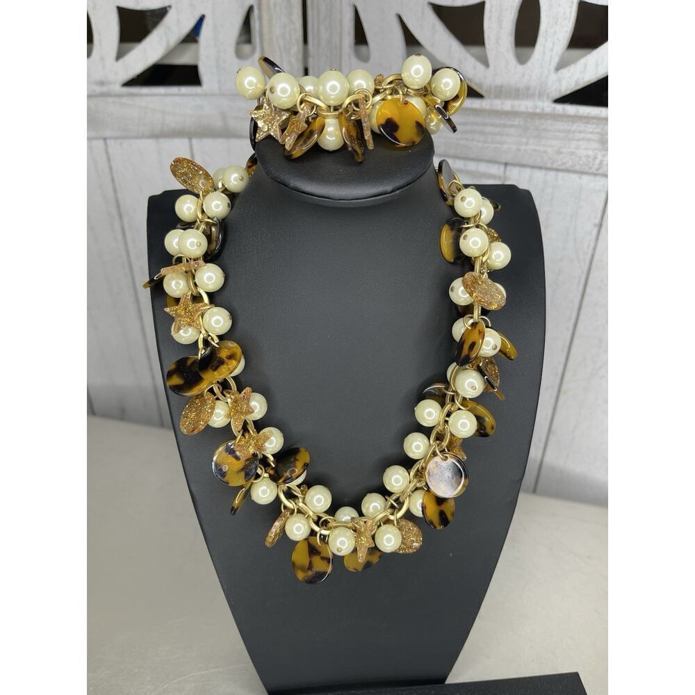 Y2K JCrew Set Pearl Tortoise Shell Stars Charm Necklace Bracelet Statement